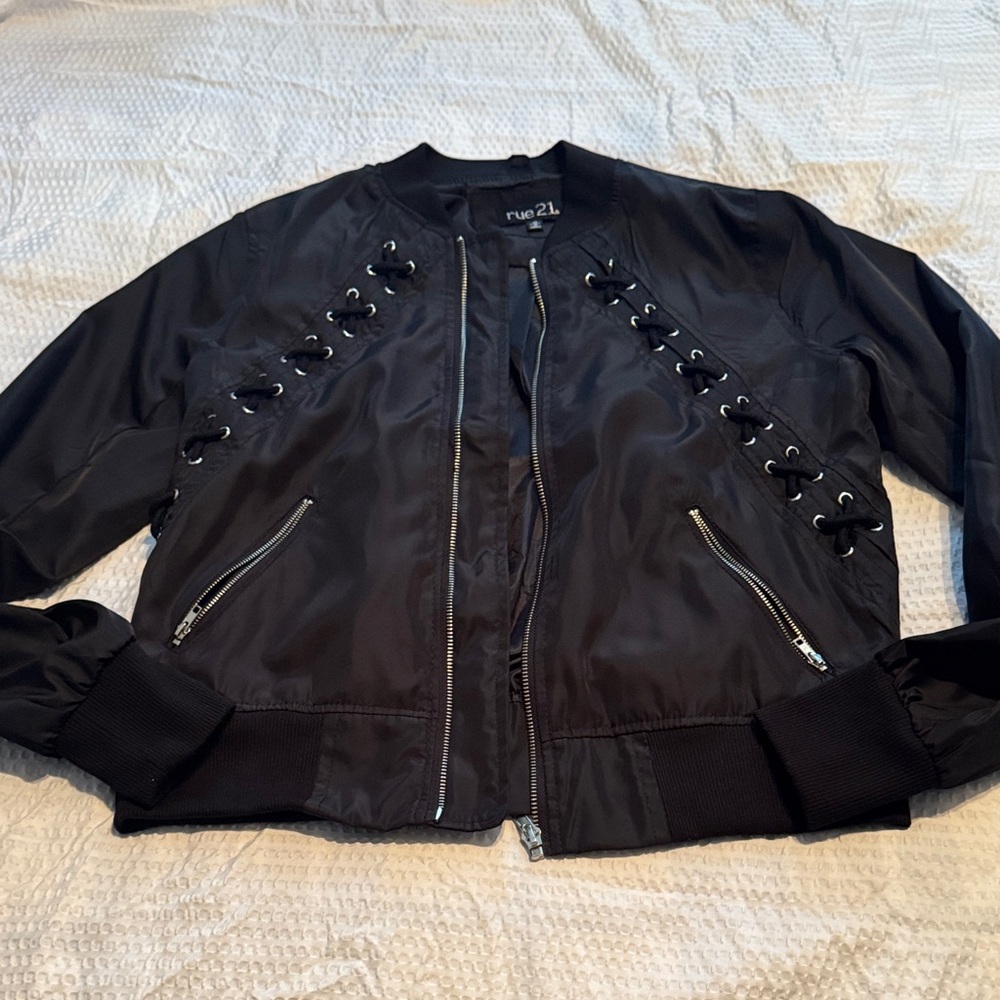 Rue21 Black Lace-Up Bomber Jacket